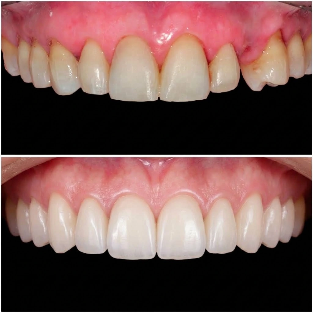 Antes y después de tratamiento reconstructivo con carillas dentales para mejorar la estética de la sonrisa